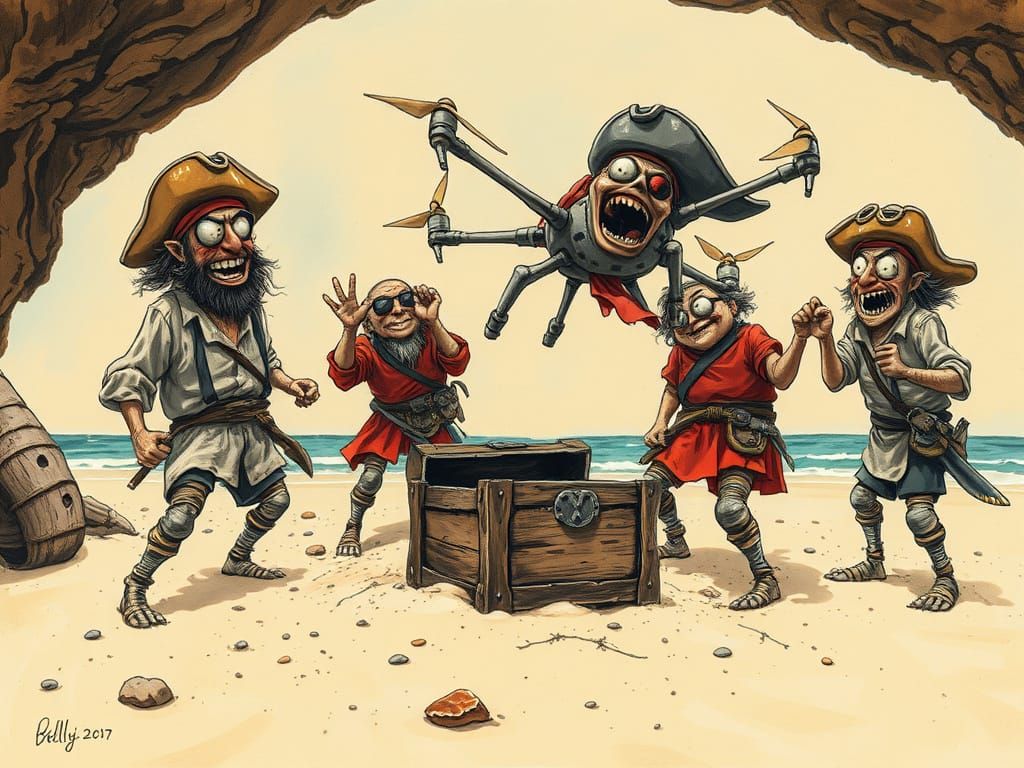 Pirates Celebrate Drone Treasure Find in Expressive Art Styl...