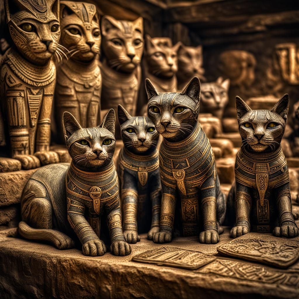 Mummified Cats at Bastet Sanctuary in Hyperrealistic Style