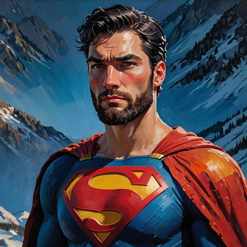 Superman Portrait in Snowy Mountains, Impressionist Style