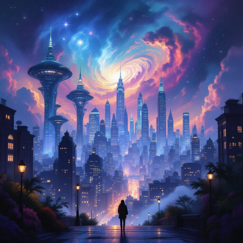 Cosmic Cityscape Merged With Nature, Oil Painting Style