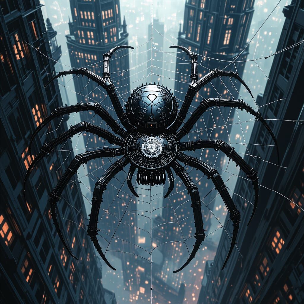 Clockwork Spider Weaving Web in Gothic Cityscape
