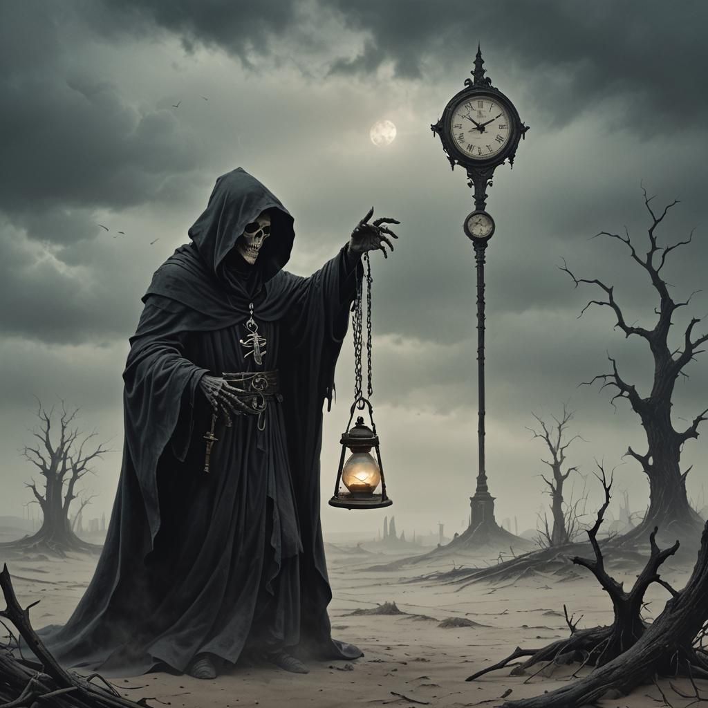 Grim Reaper with Hourglass in Dark Fantasy Style
