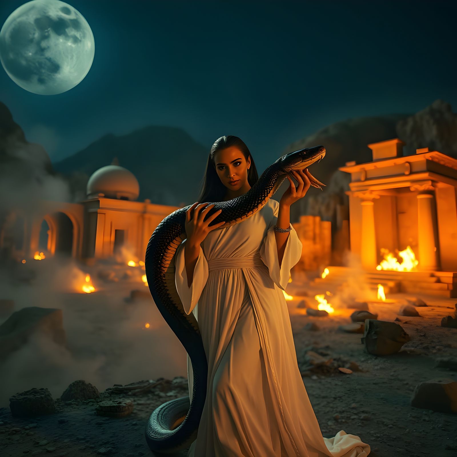 Surreal Arabian Goddess Enthroned by Serpentine Majesty