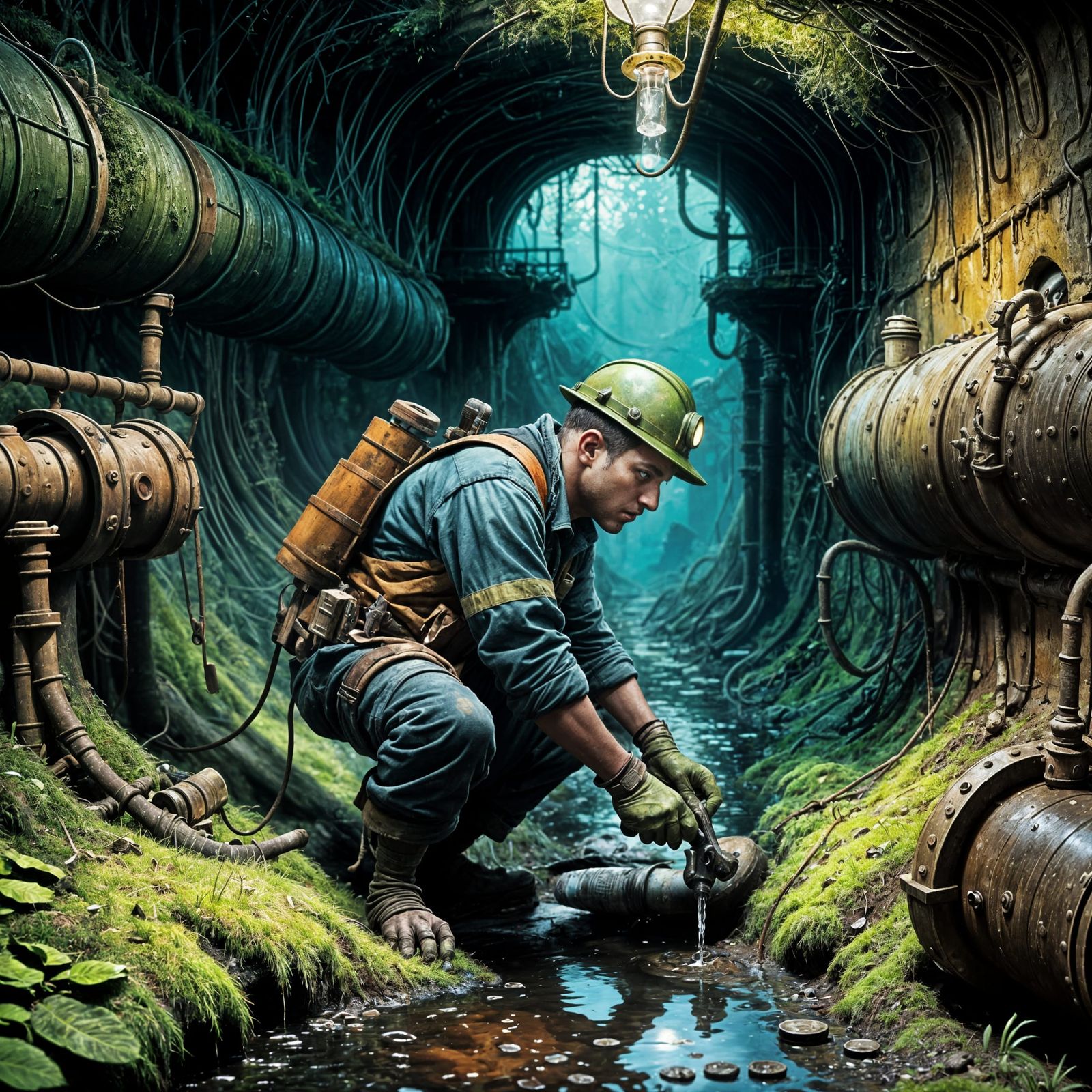 Sewer Worker in Grimy Underground Basement with Rugged Gear...