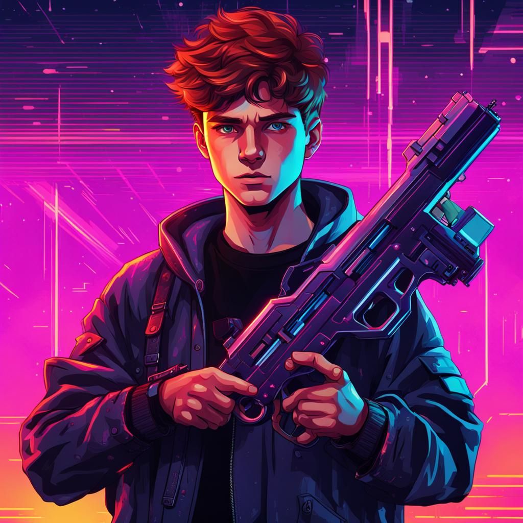 Sci-Fi Teen with Gun in Synthwave Style