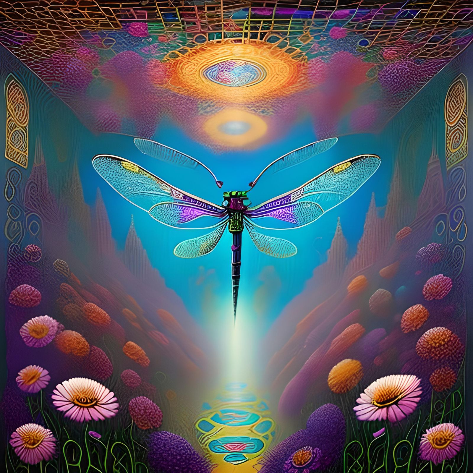 Dragonfly and Floral Rubik's Cube in Fantasy Style