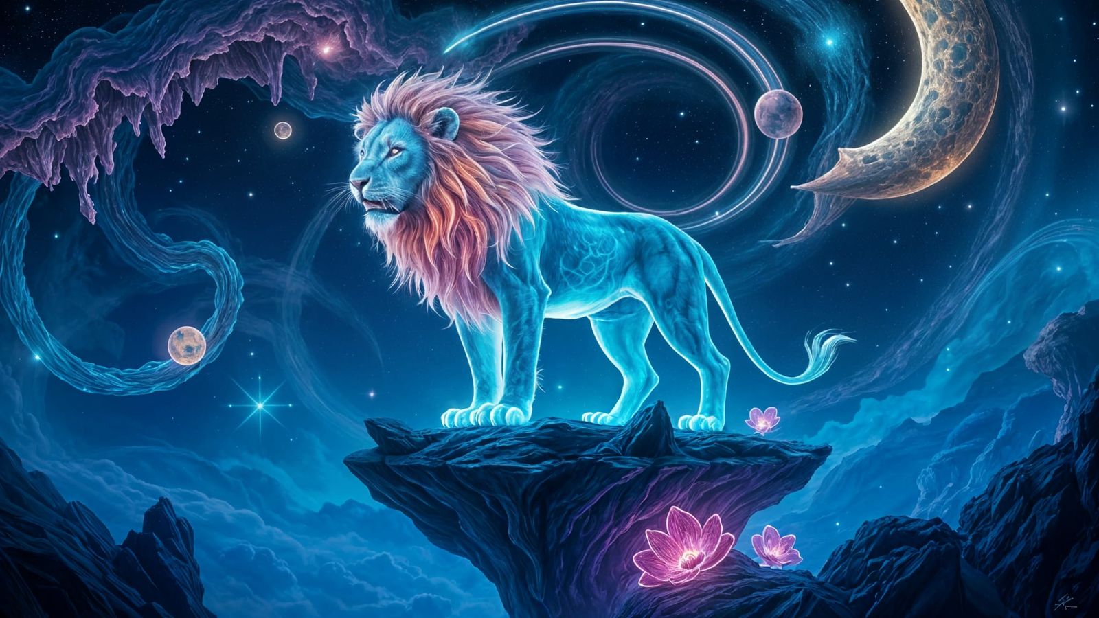 Luminous Lion Amidst Cosmic Nebula