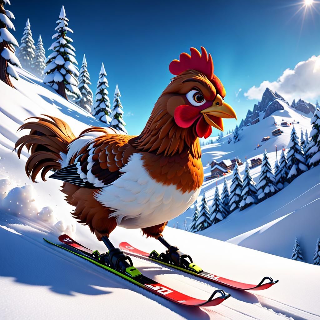 Hen Skiing Downhill in Pixar Style