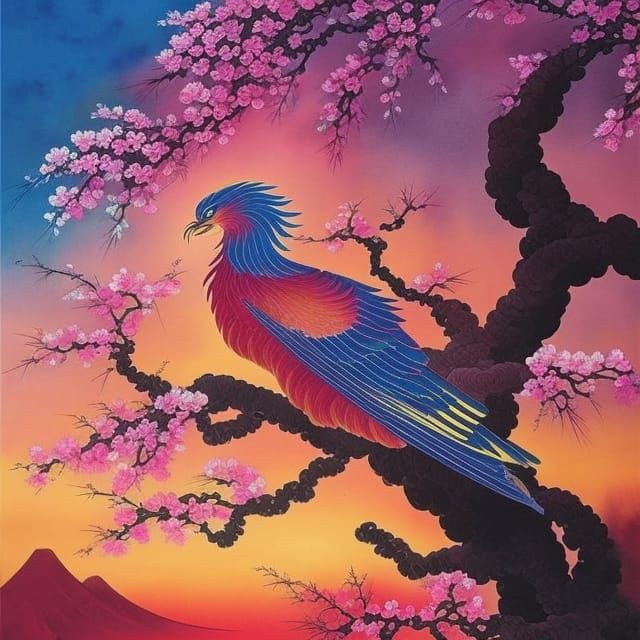 Phoenix Perched on Blossoming Tree: Gongbi Style
