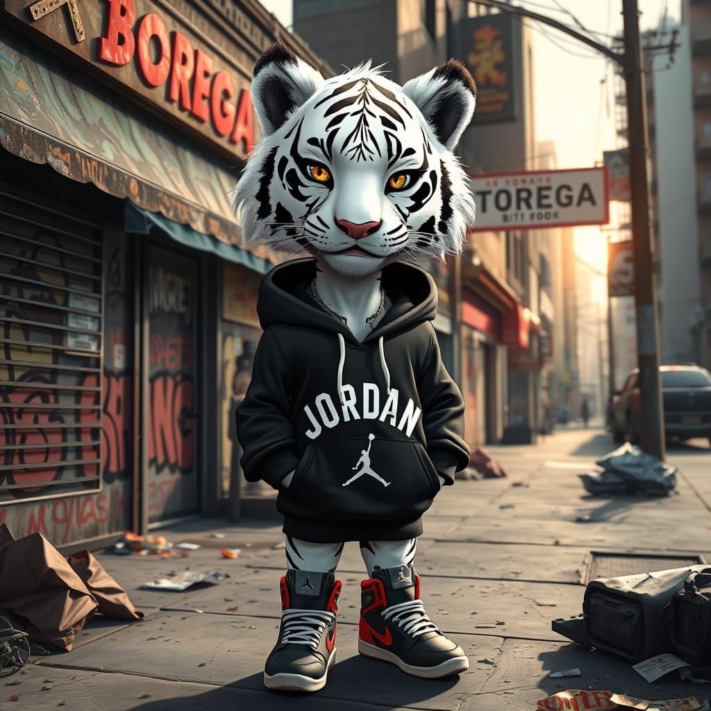 Gritty Anime Tiger Boy in Urban Bodega