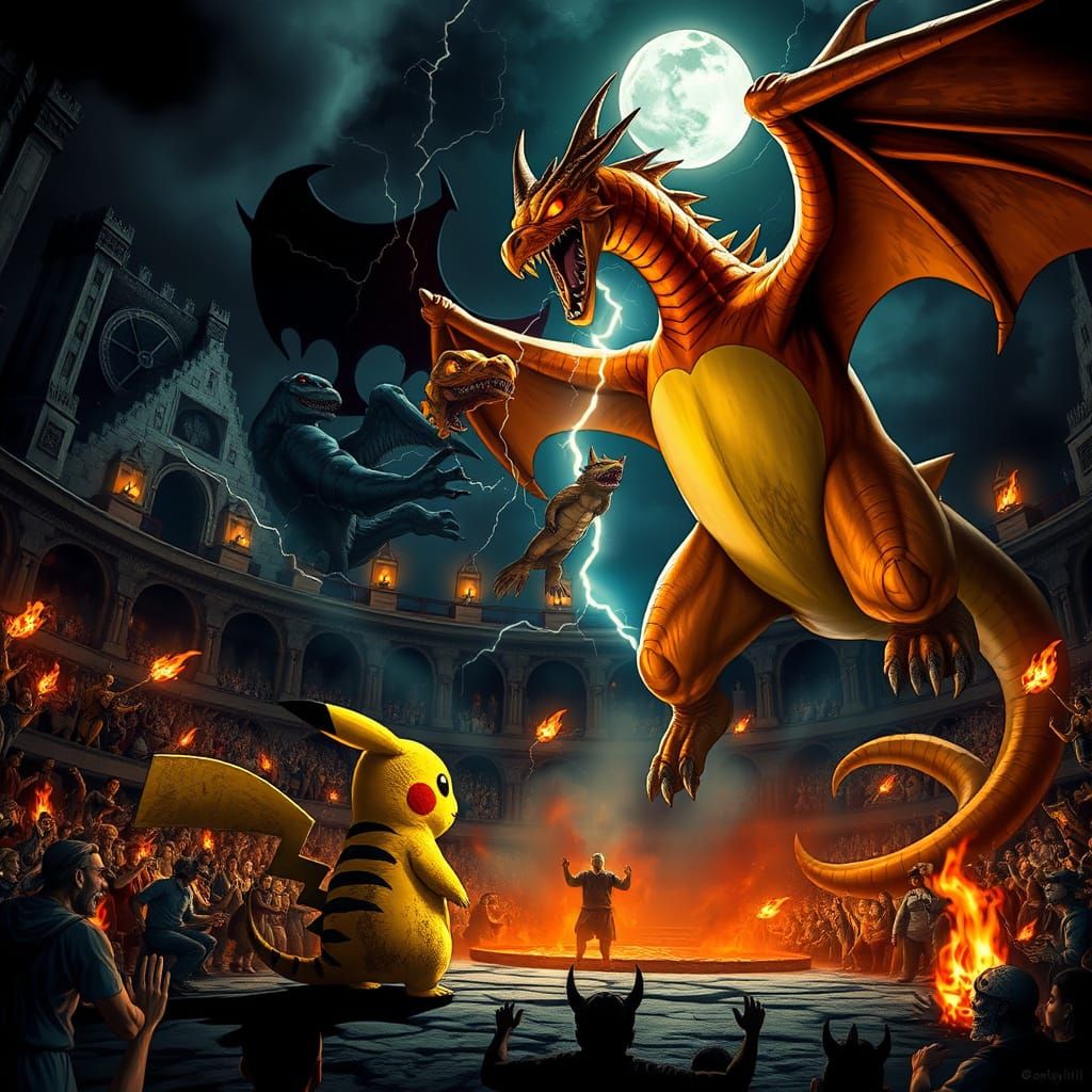 Pikachu vs Charizard in a Gothic Colosseum Under Moonlight