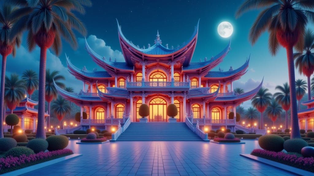 Avant-Garde Chinese Temple Under Starry Night Sky