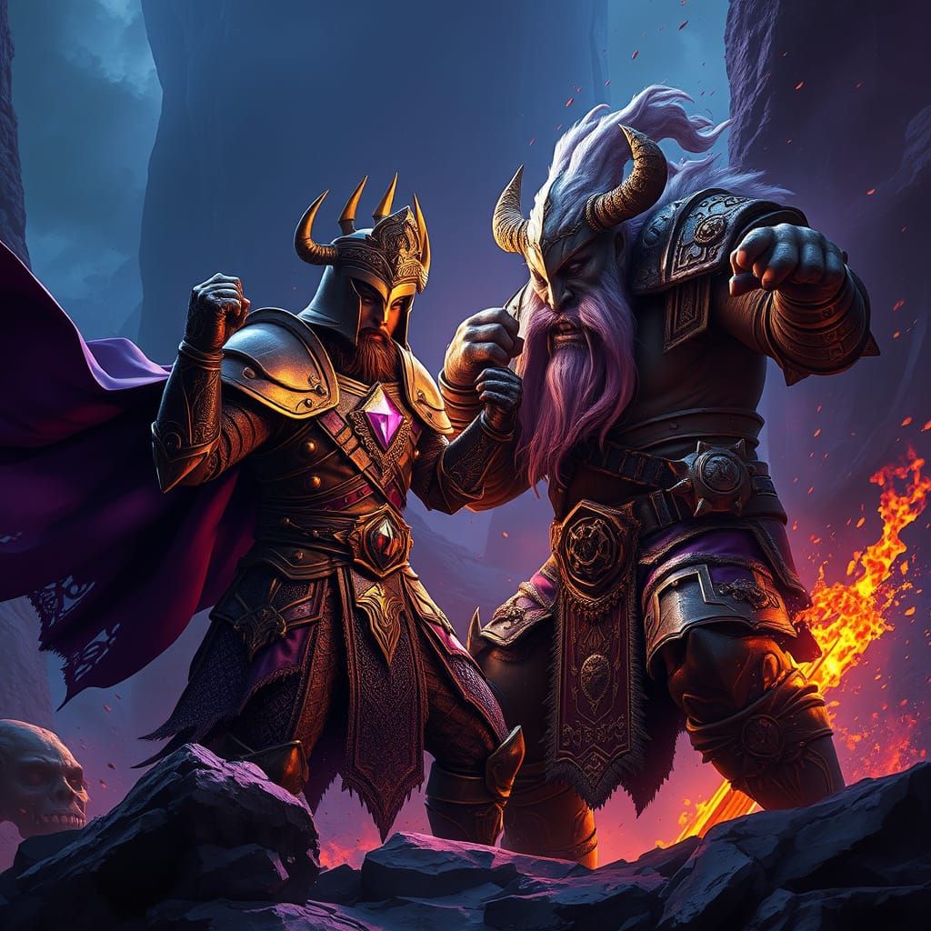 Paladin vs. Dwarf: Dark Fantasy Battle in Digital Art