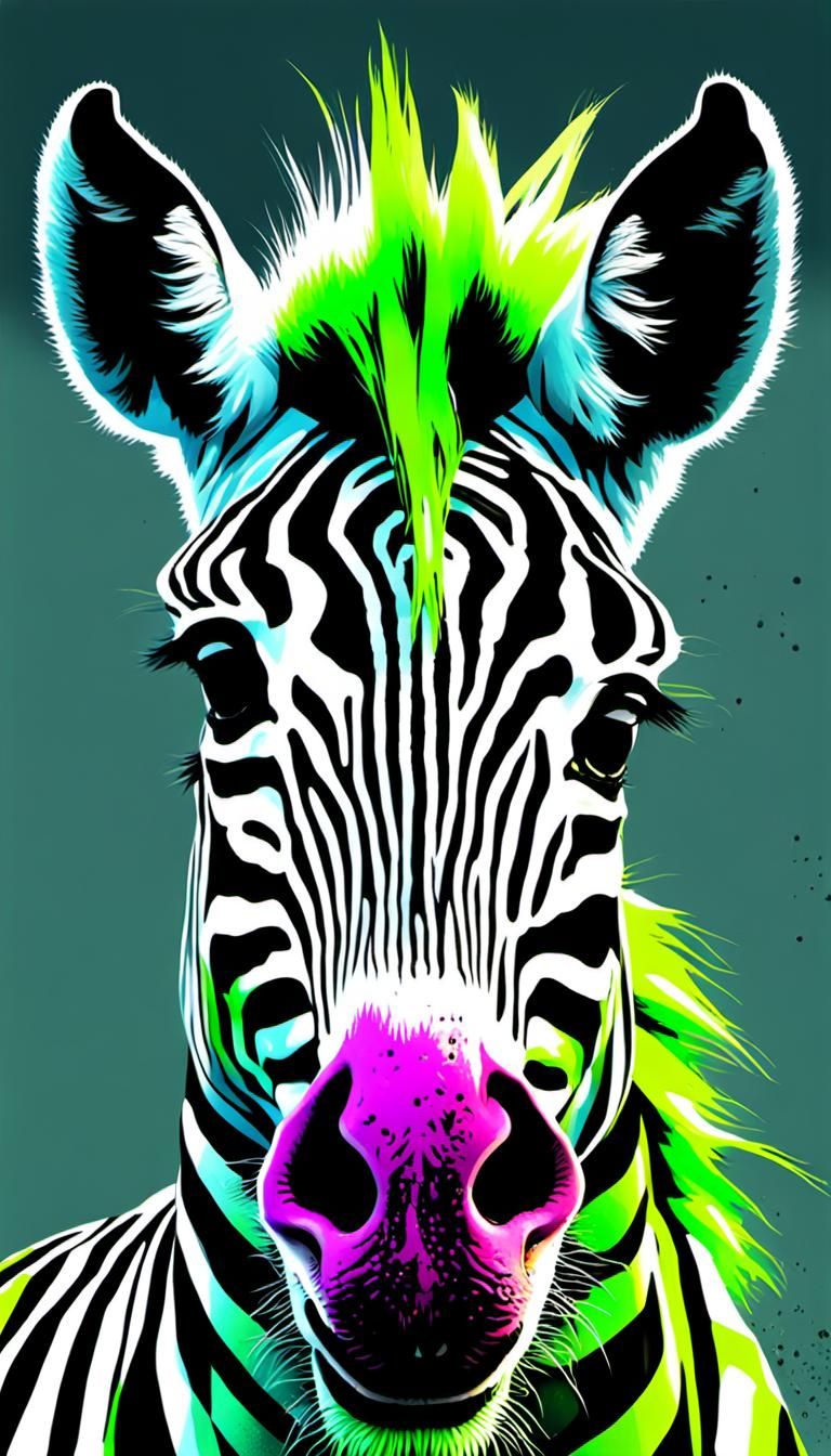 Angry Punk Zebra with Fluorescent Mohawk, Graffiti Art