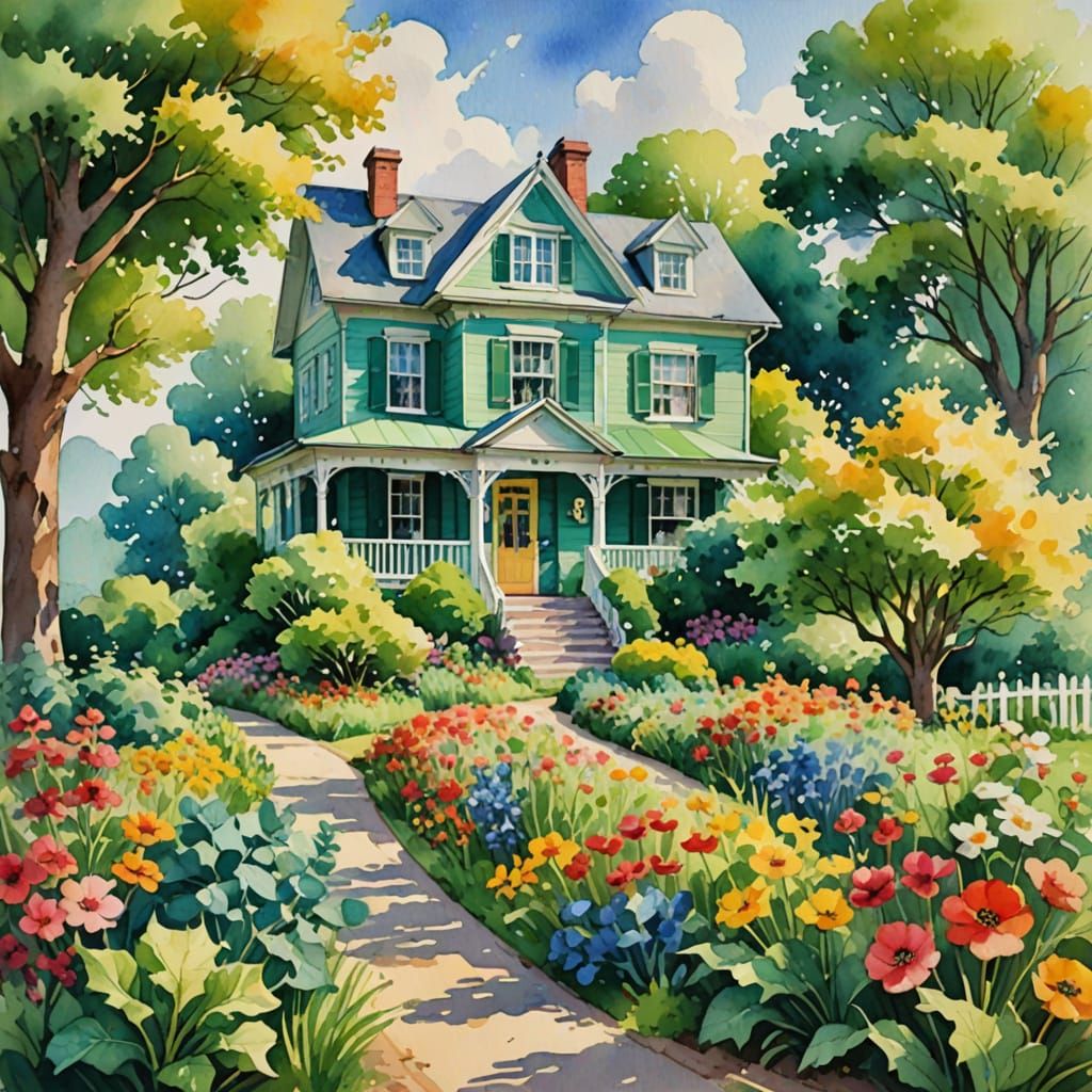Whimsical Country Estate in Vibrant Watercolor