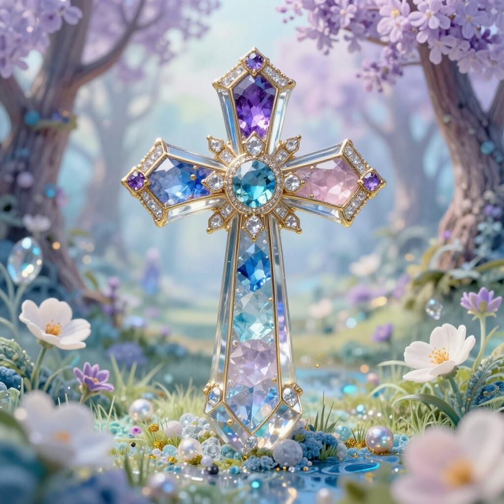 Crystal Cross in Enchanting Bioluminescent Forest