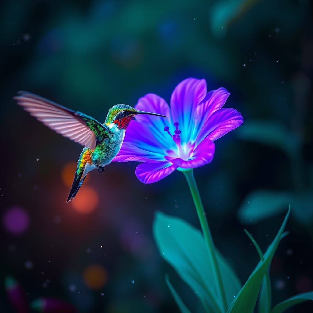 Hummingbird and Glowing Flower in Neon Glade