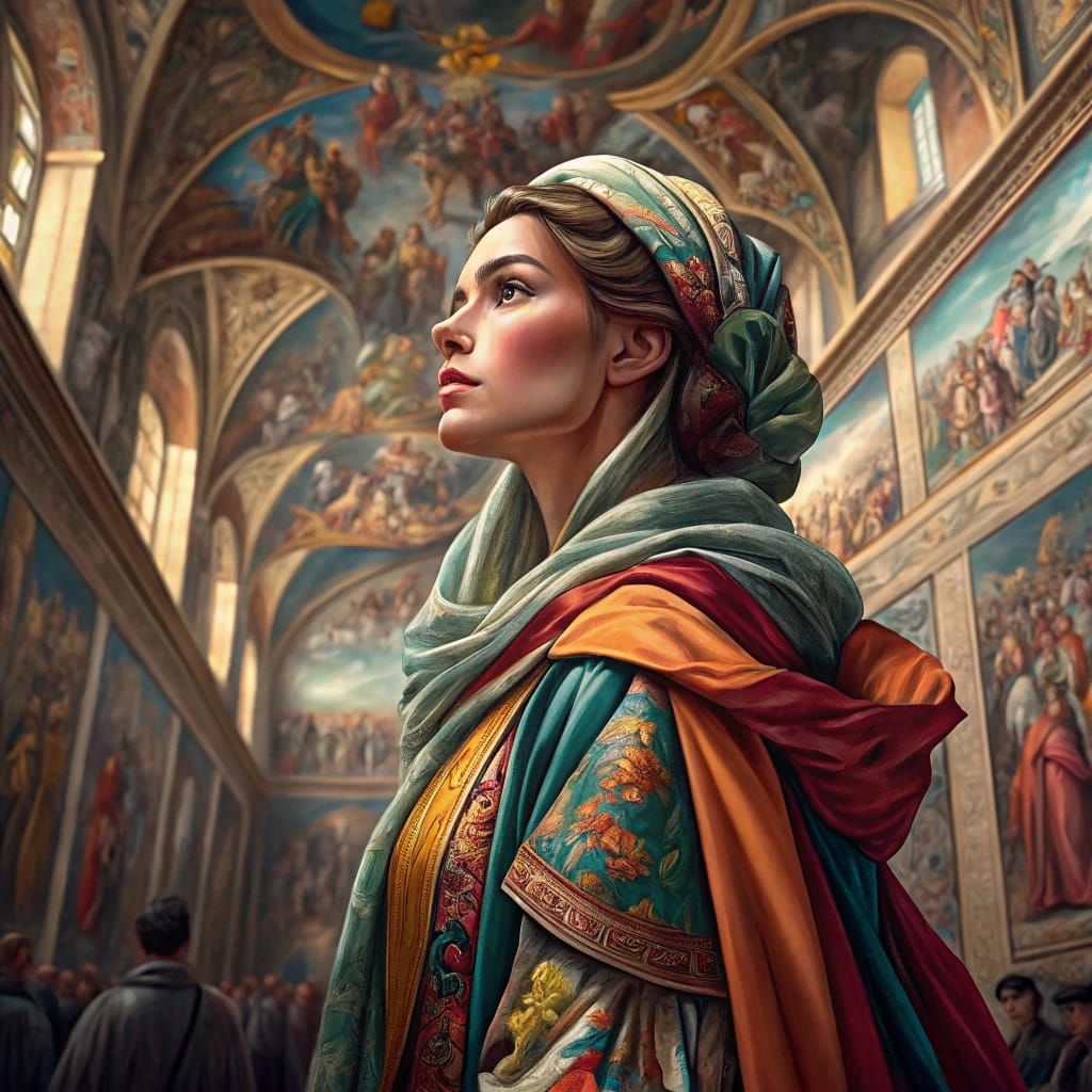 Renaissance Woman Posing in Sistine Chapel