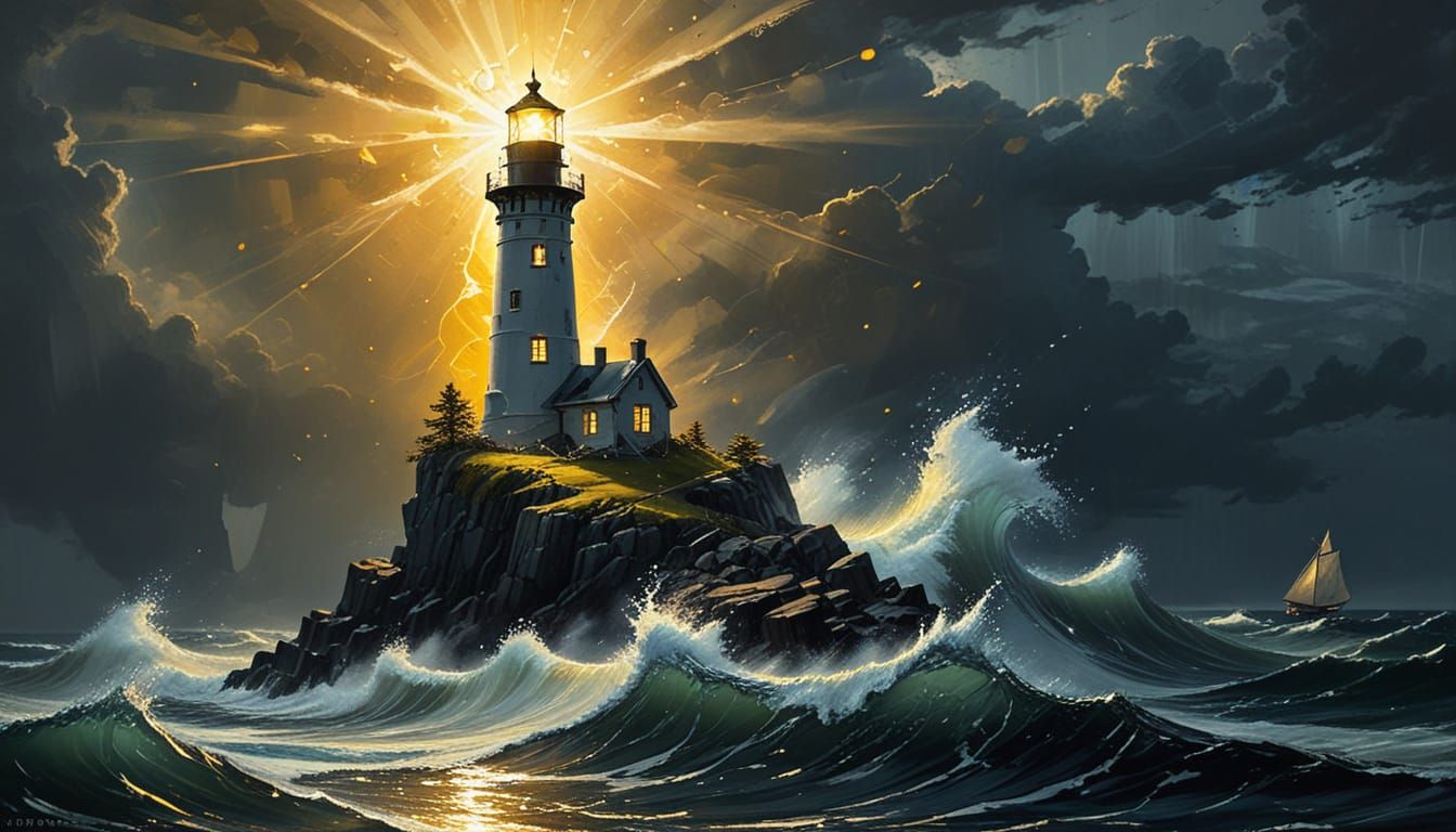 Elven Lighthouse in Stormy Seas, Oil Painting