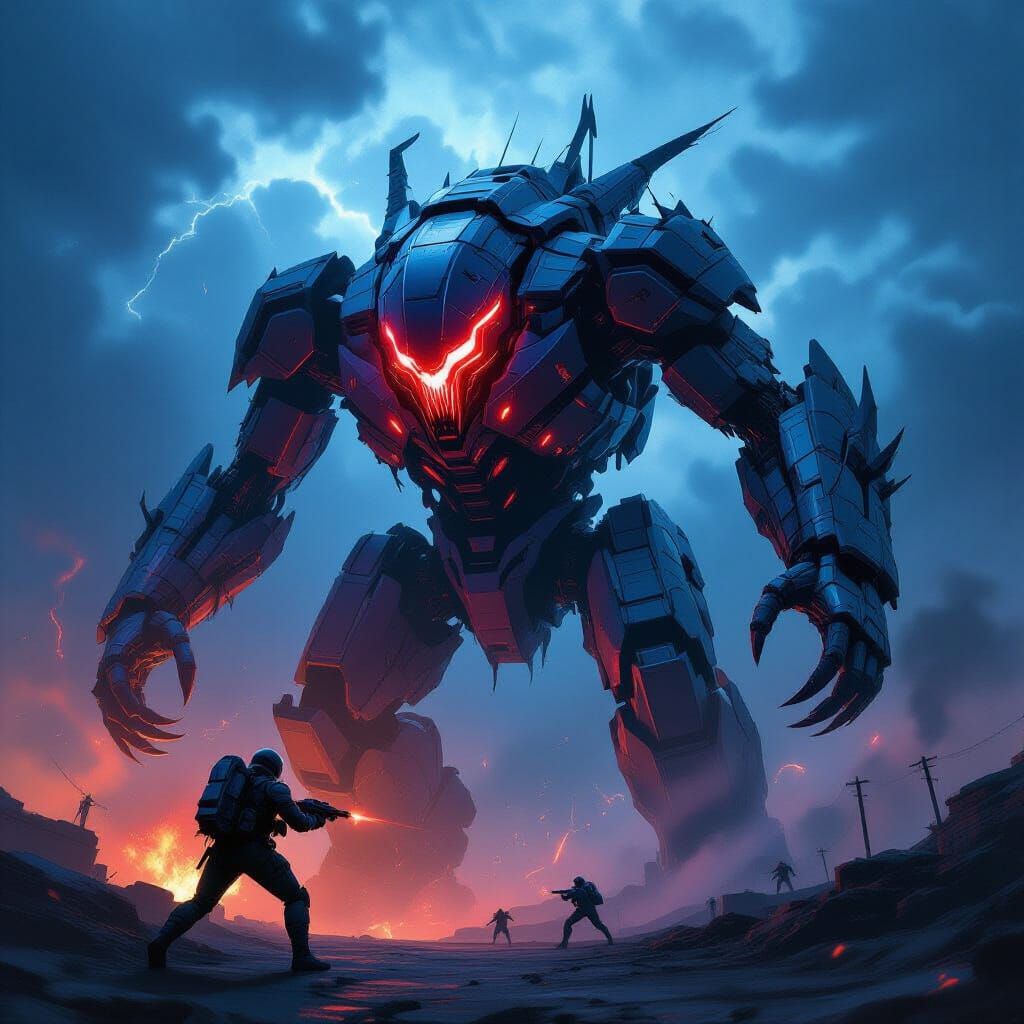 Infected Jaeger Battles Kaiju in Stormy Skies