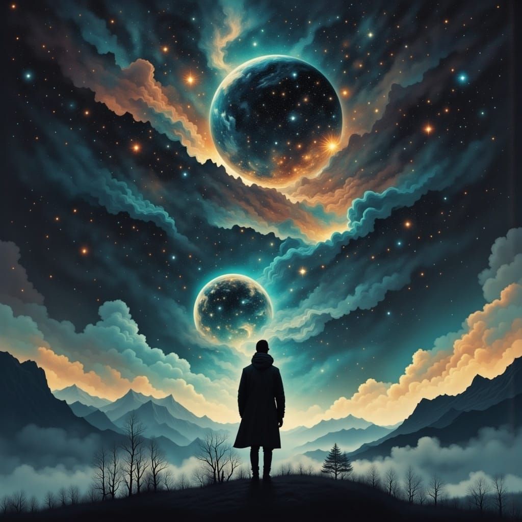 Cosmic Silhouette in Surreal Sci-Fi Landscape