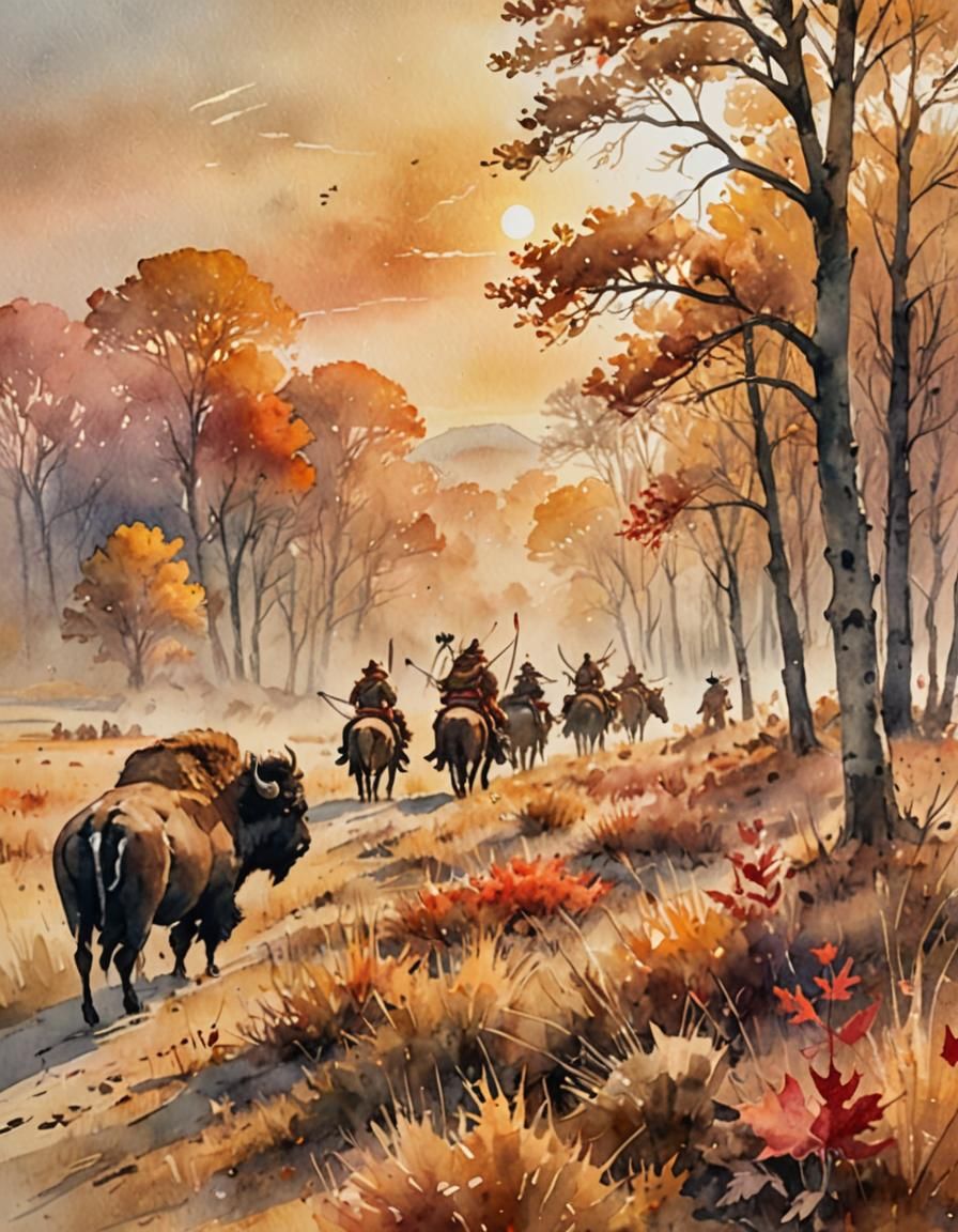 Watercolor Painting of Native Americans Hunting Bison