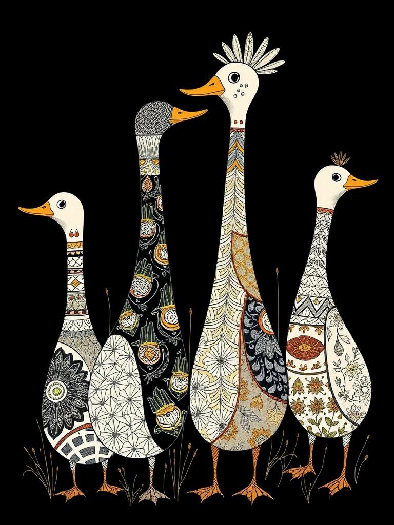Whimsical Abstract Ducks in Textile Print Style