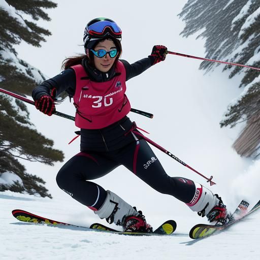 Japanese Gothic Girl Skiing on Snowy Mountain