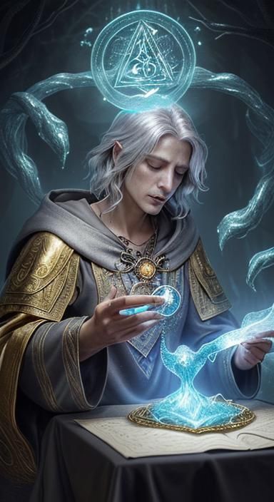 Magical Sorcerer Conjuring Spells Of Gold And Silver.