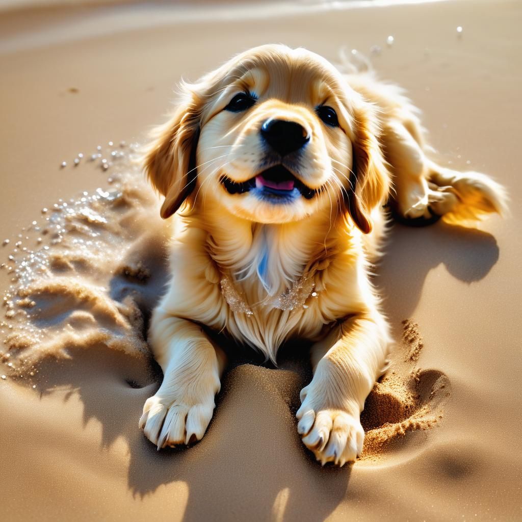 Golden Retriever Puppy's Joyful Beach Day in Hyper-Realism