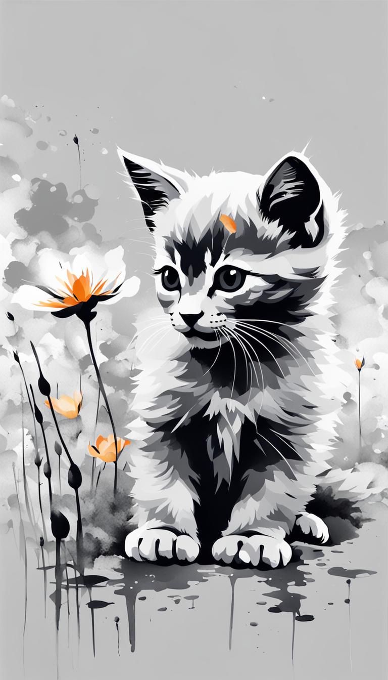 Cute Kitten Plays in Flower Garden: Chinese Ink Painting