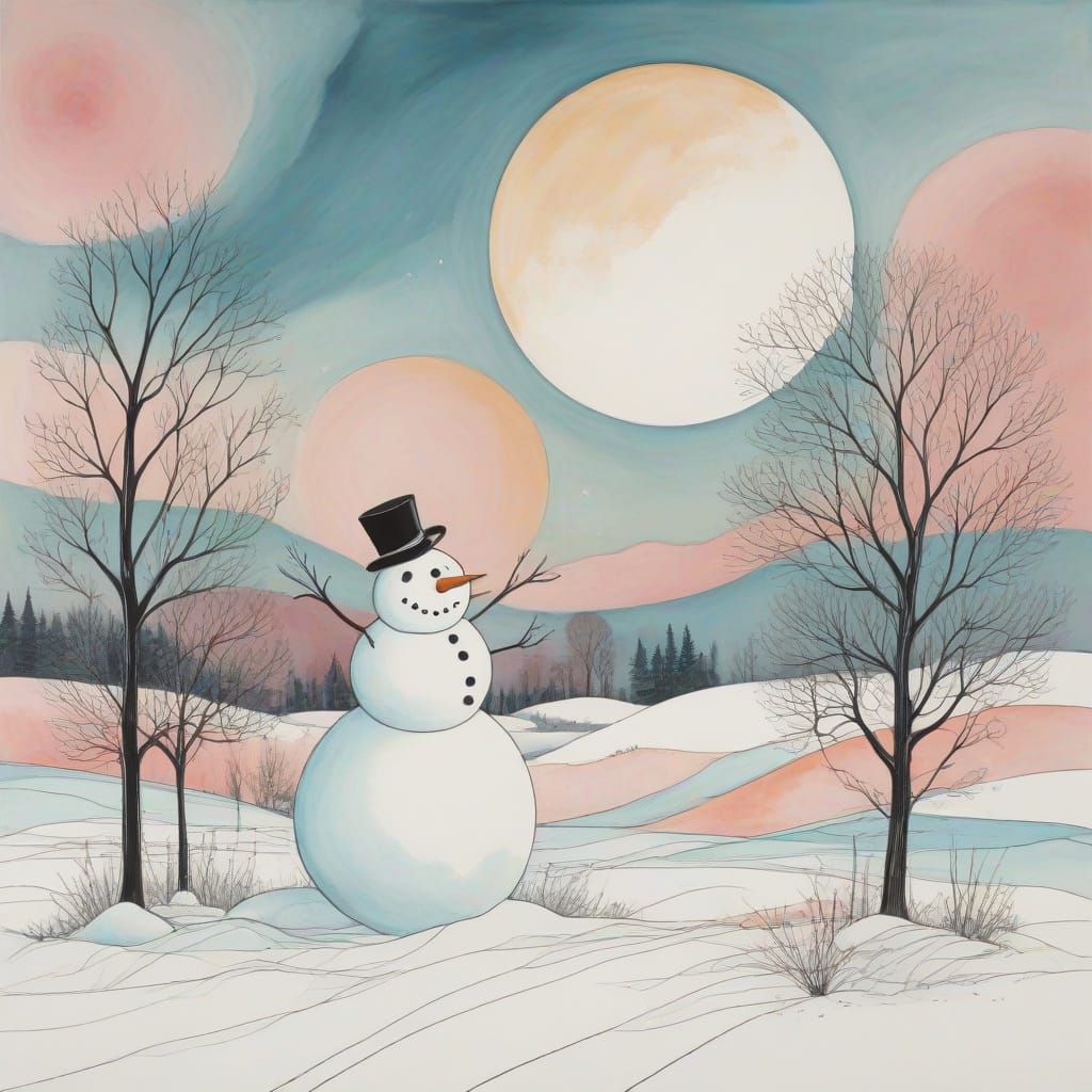 Dreamlike Snowman and Sleigh in Muted Pastels