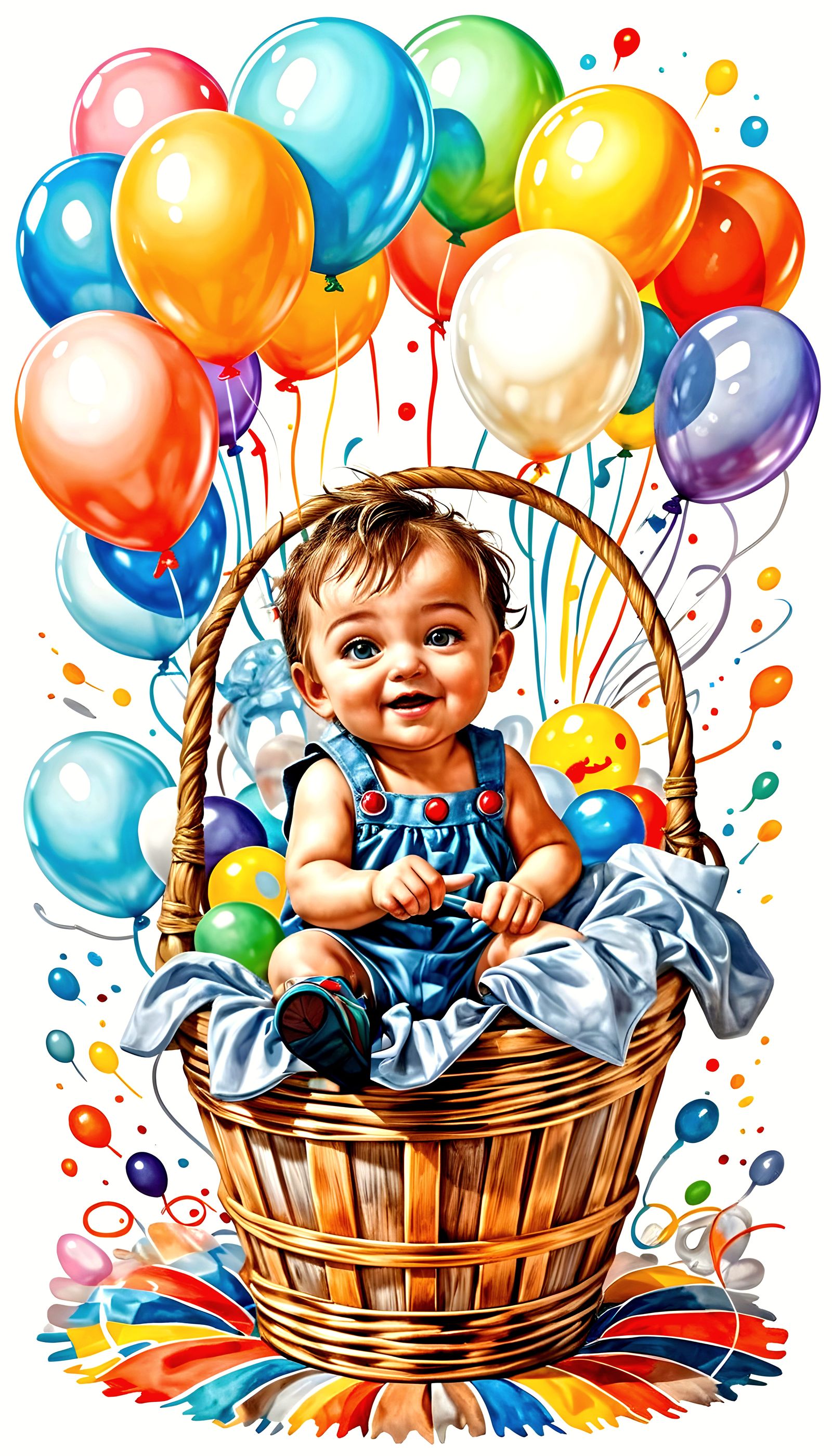 Baby in Floating Basket with Balloons