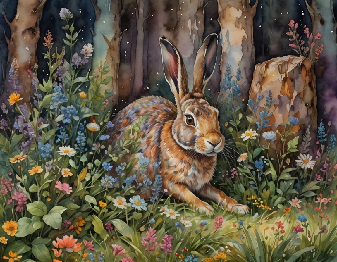 Whimsical Watercolor Hare in Wildflower Field