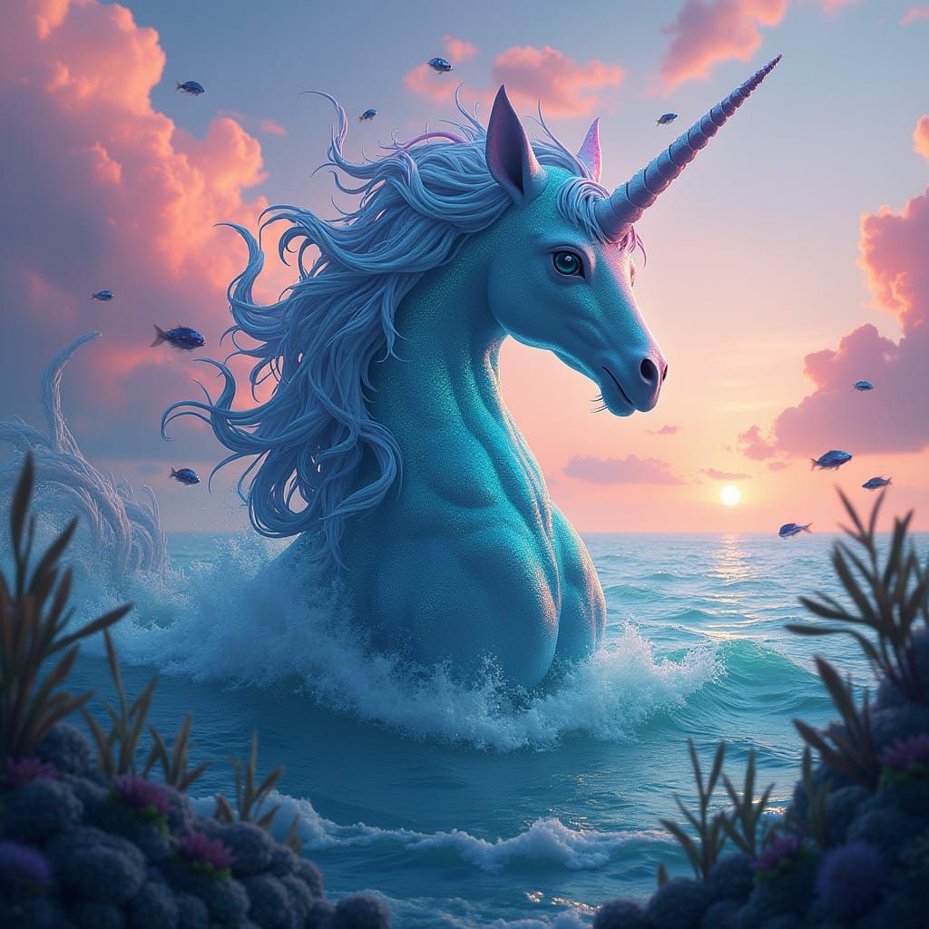 Mythical Oceanic Unicorn Rises in Vibrant Sunset