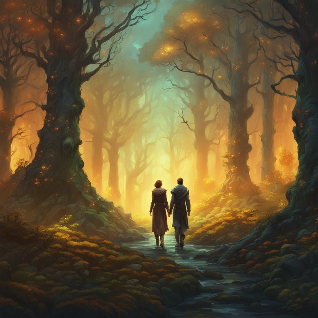 Mystical Forest Couple in Vibrant Oil Painting Style
