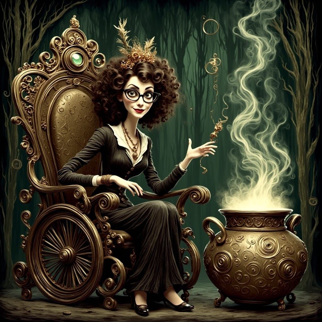 A beautiful brunette witch with glasses sitting in a wheelch...