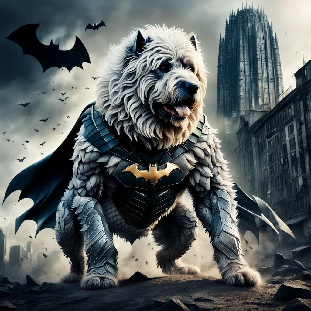 Humanoid Komondor Dog as Batman Double Exposure