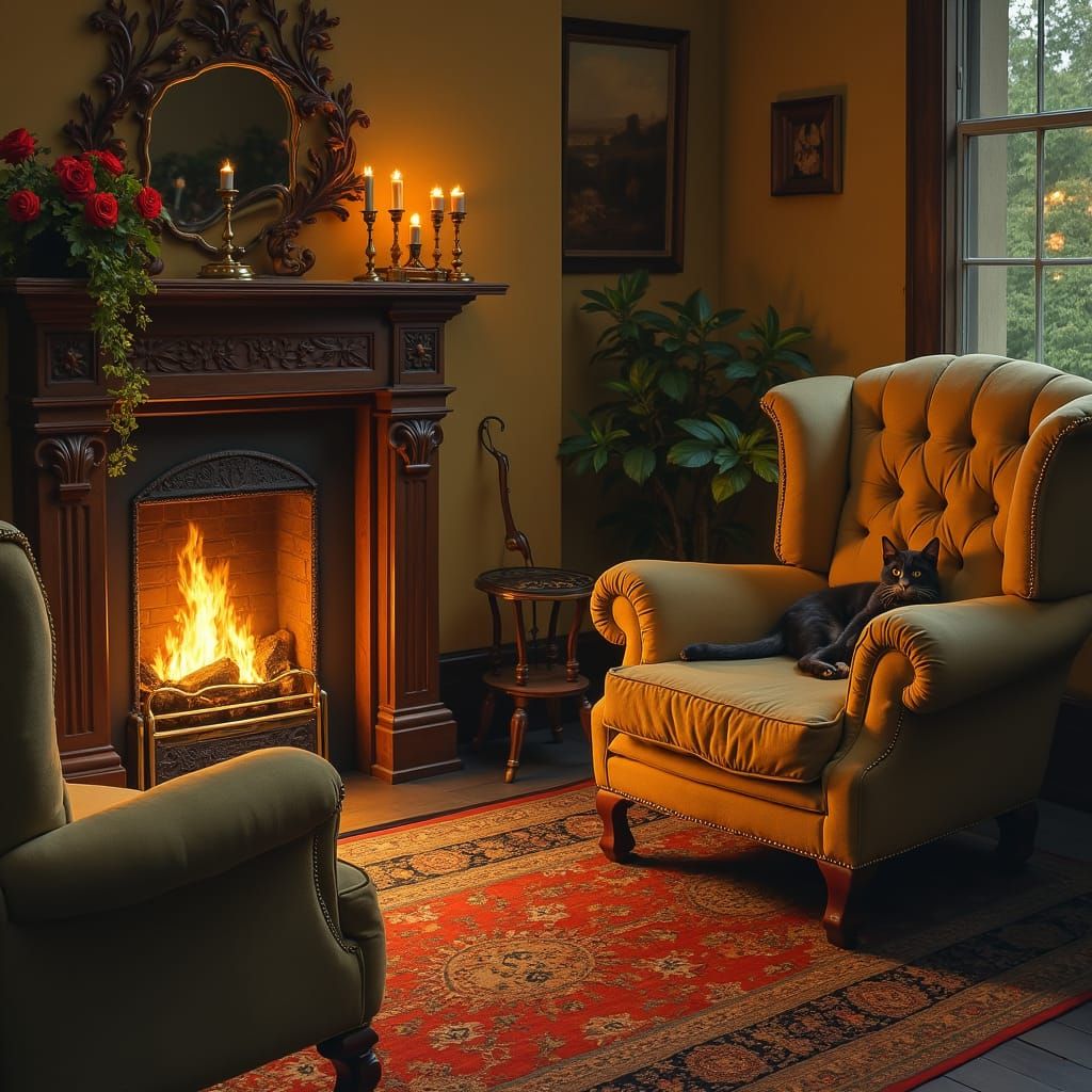 Inviting Drawing Room with Cat and Fire