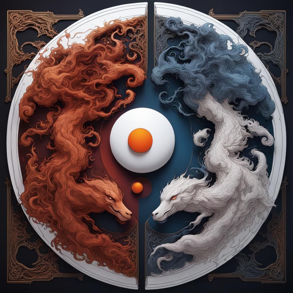 Ying and Yang Dragons in Detailed Line Art