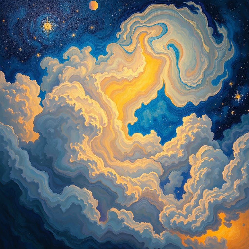 Iridescent Clouds Under Starry Sky in Van Gogh Style