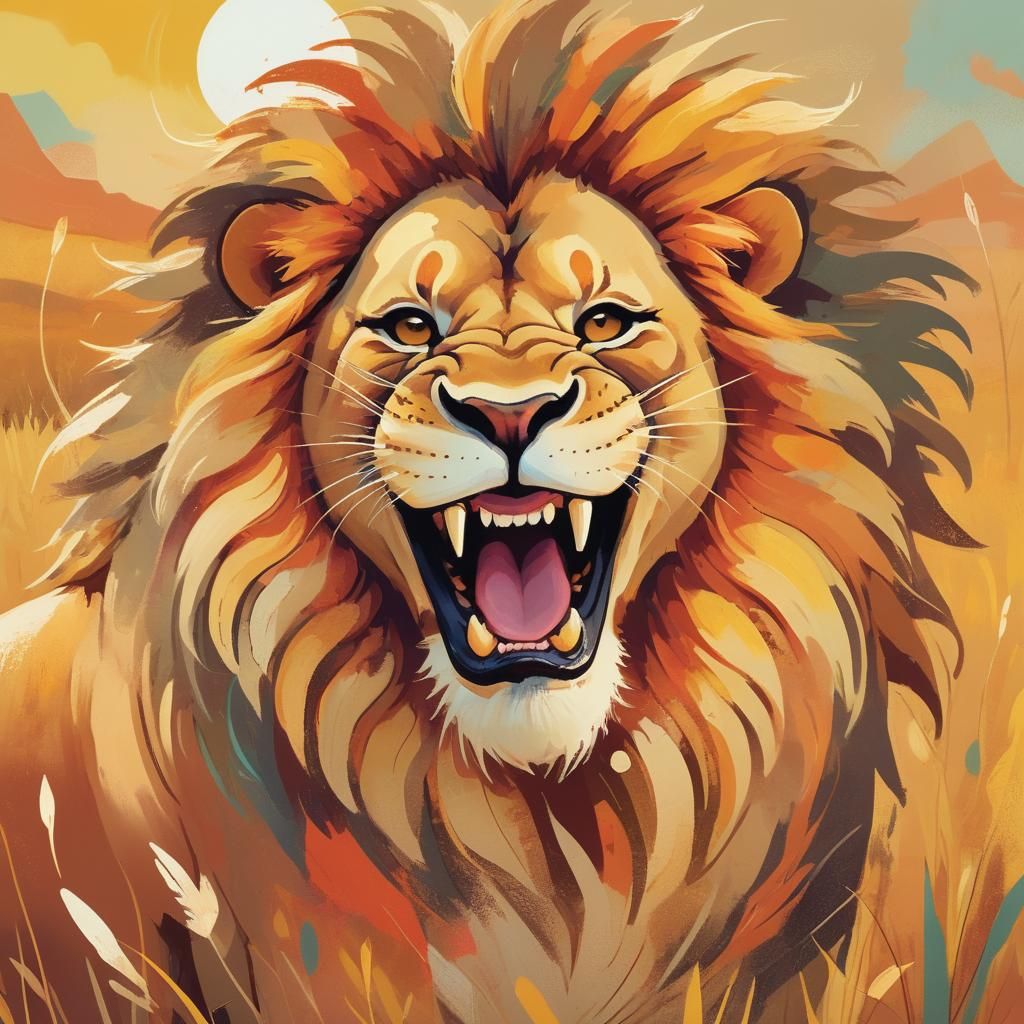 Smiling Lion in Sunny Savannah: Whimsical Illustration
