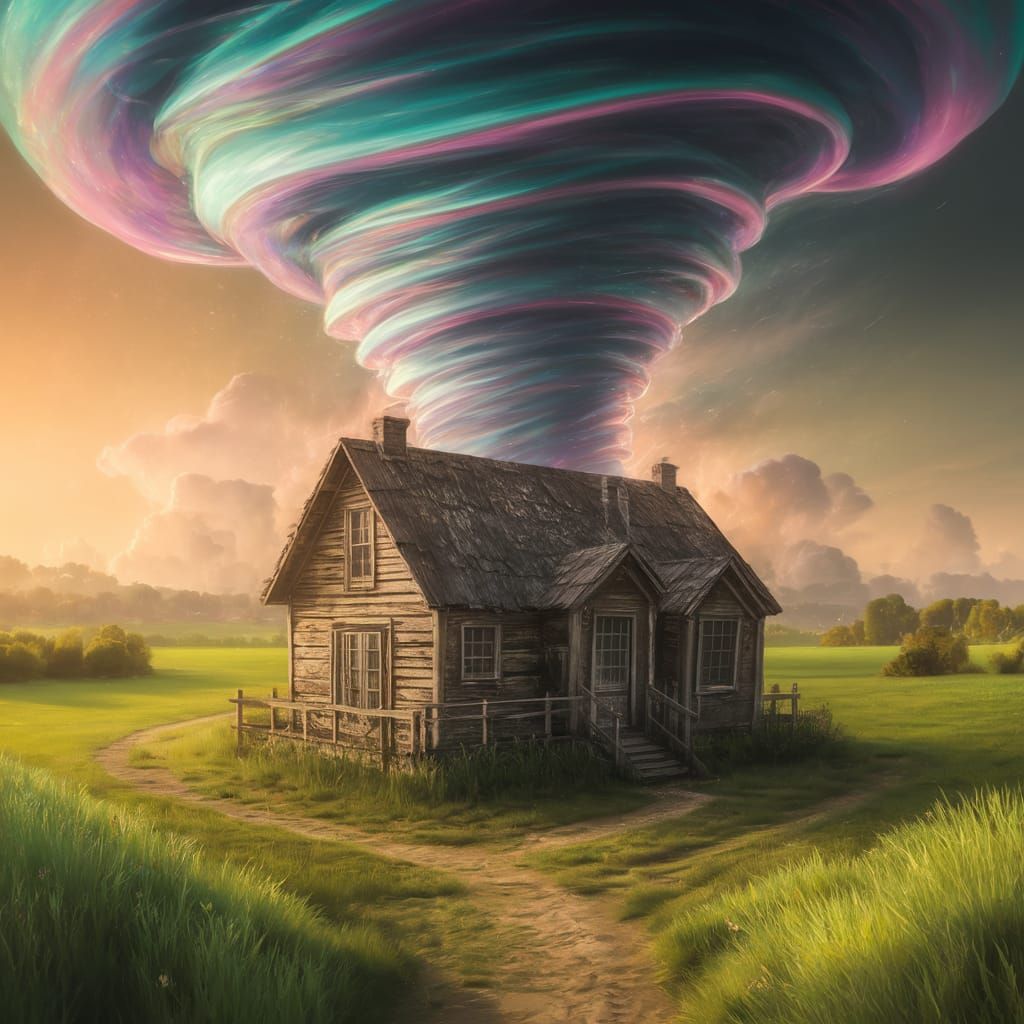 Surreal Tornado Sweeps Up Rustic House in Vibrant Dreamlike ...