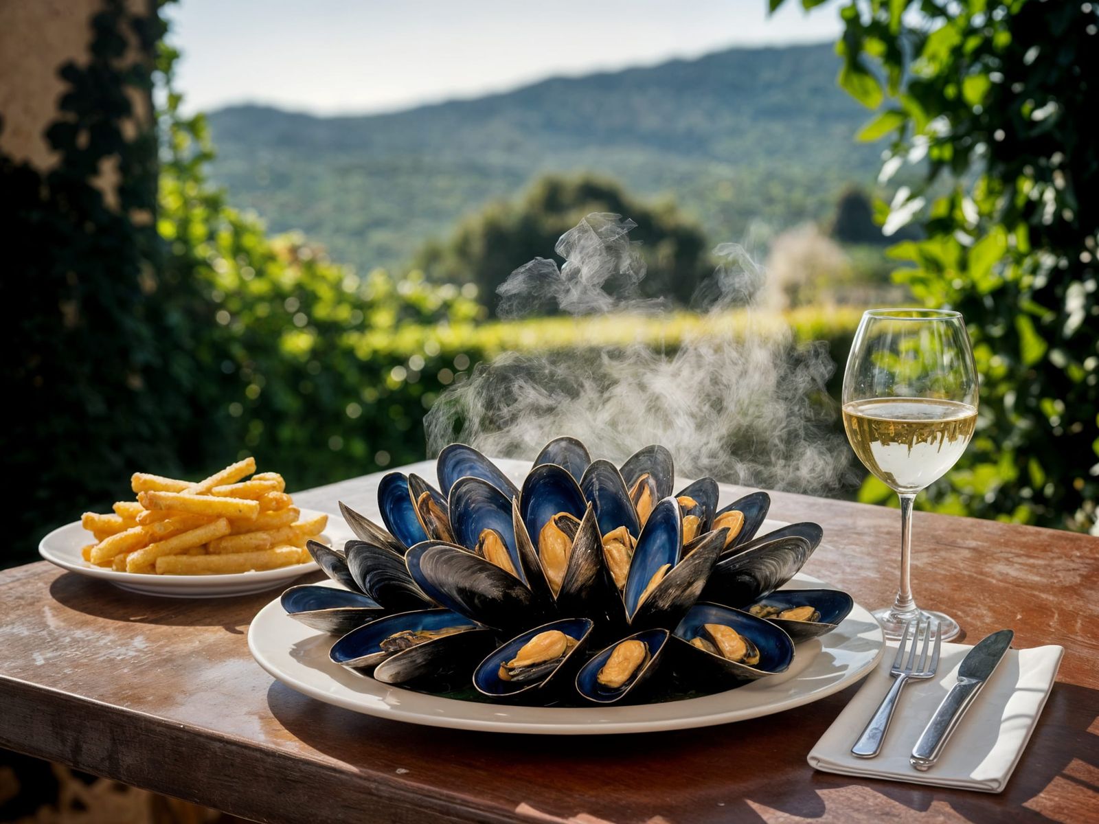 Mussels and Frites in Corsican Garden