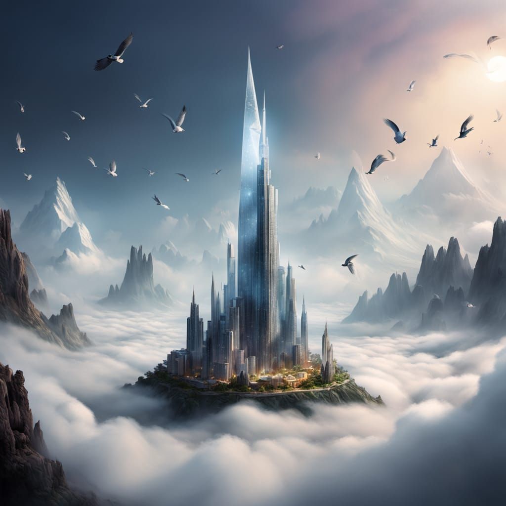 Crystal Shard Dreamscape with Clockwork Birds