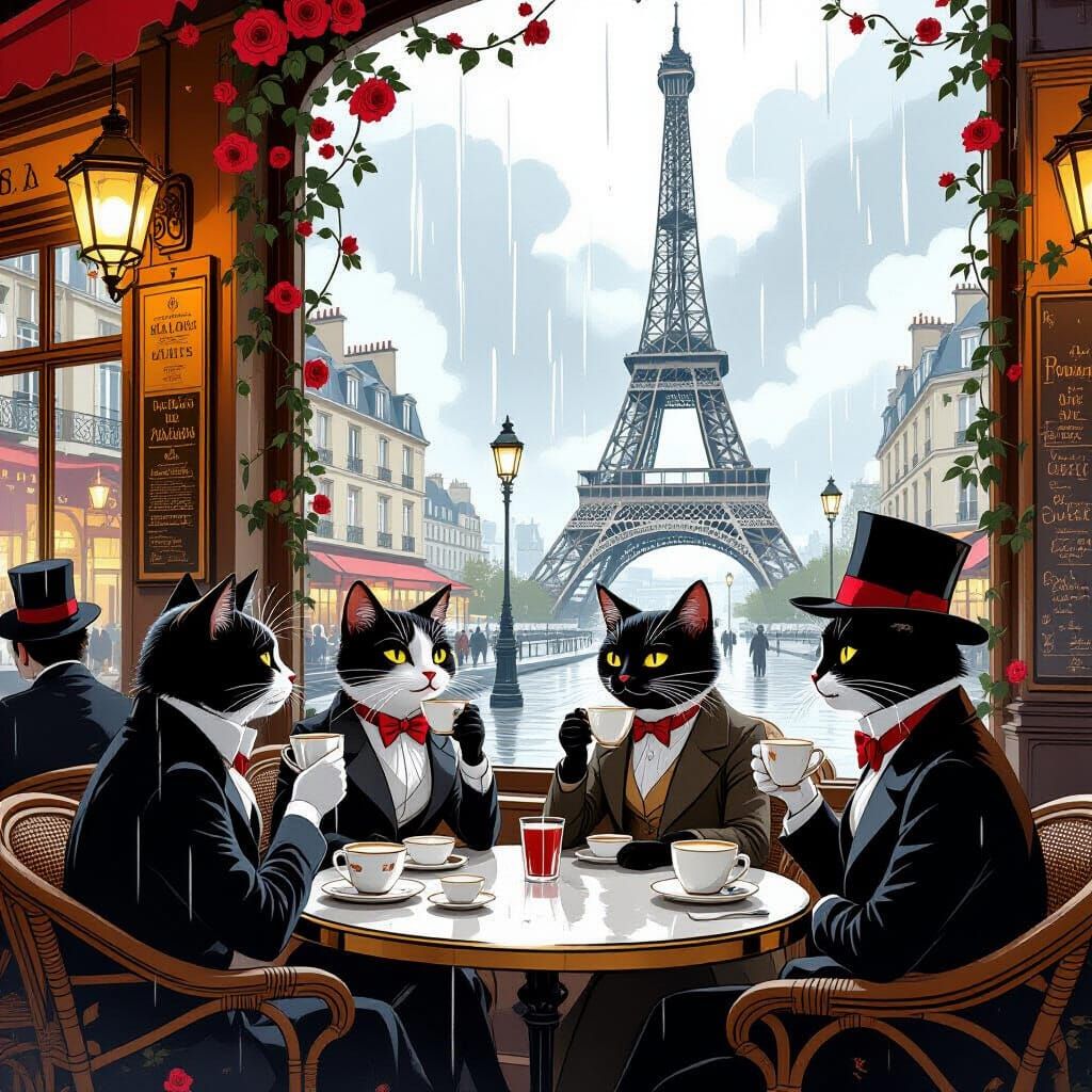 Anthropomorphic Cats in 1920s Paris Cafe, Whimsical Digital ...
