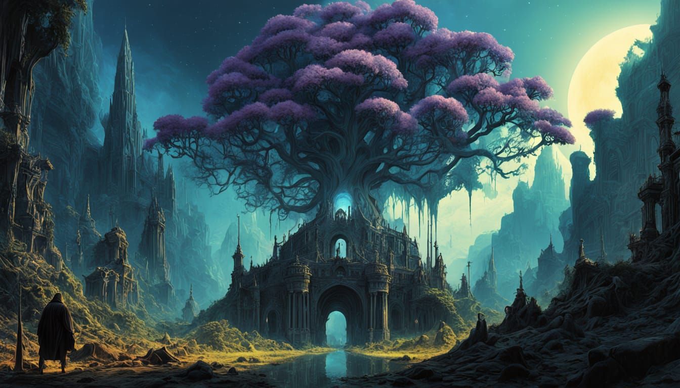 Bioluminescent Tree in Ancient Ruins: Cosmic Gothic Art