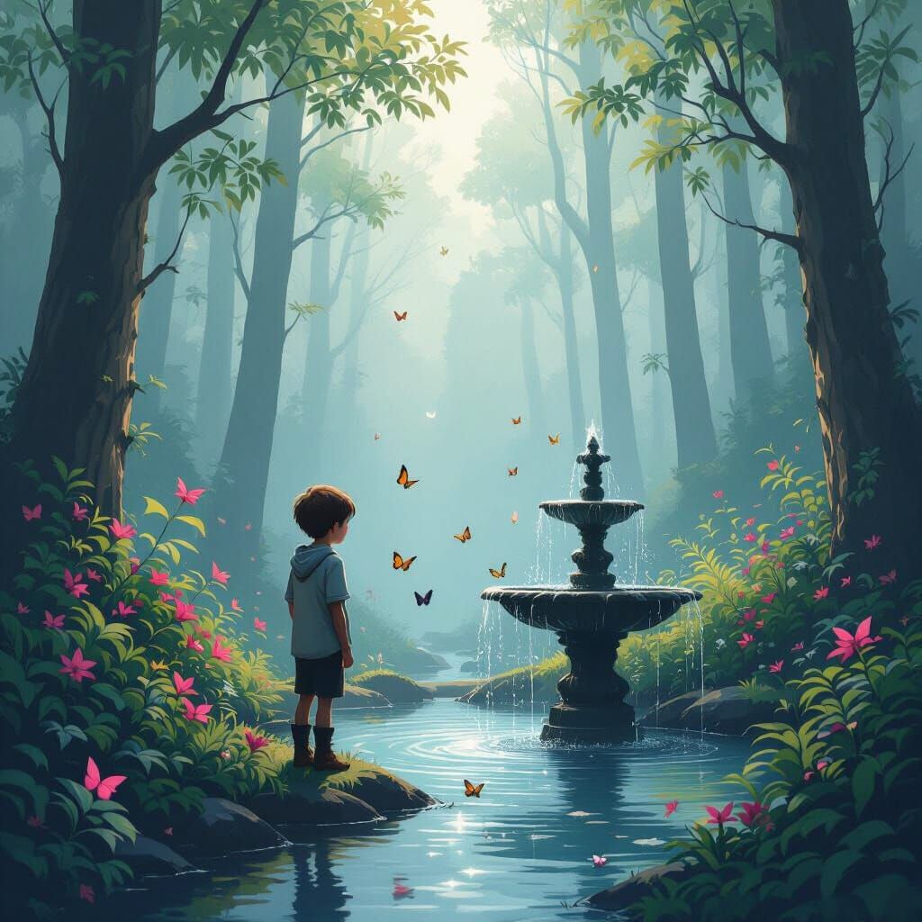 Boy in Misty Forest with Butterfly Fountain