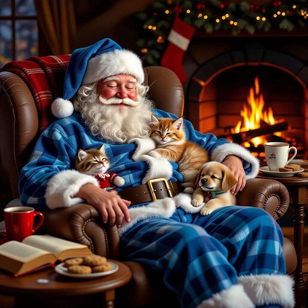 Santa Napping Peacefully with Kitten and Puppy