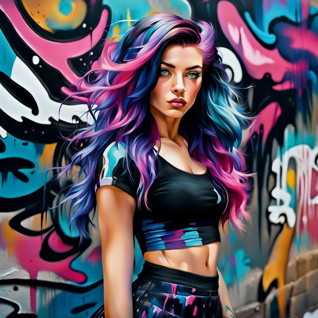 Colorful Street Art of Woman with Wind-Swept Hair